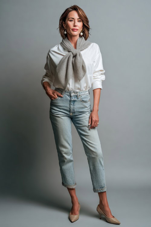 Full-body image of a woman in light-wash jeans with a white cotton shirt and soft gray cashmere sweater tied at the neck, pearl earrings and flats 