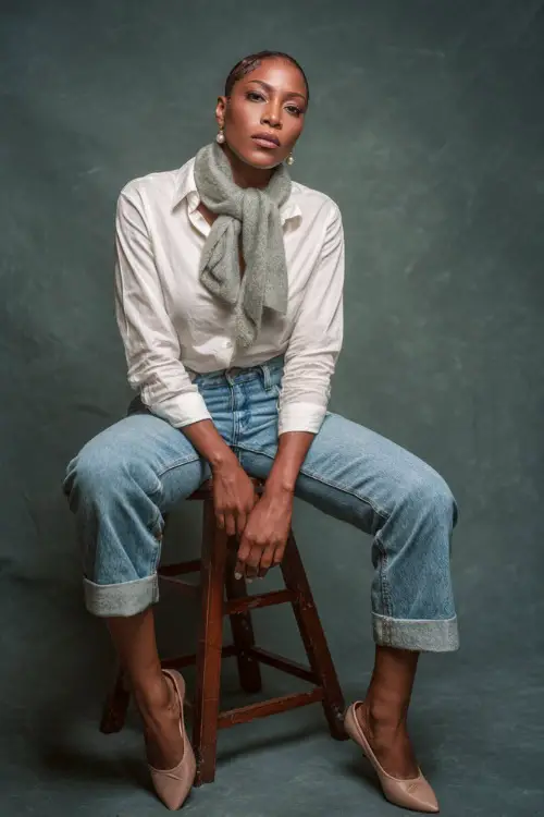 Full-body image of a woman in light-wash jeans with a white cotton shirt and soft gray cashmere sweater tied at the neck, pearl earrings and flats