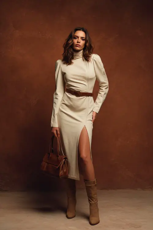 Full-body of a woman in a structured cream dress with long sleeves, a modest slit, and leather accessories, standing in a warm fall-inspired studio 