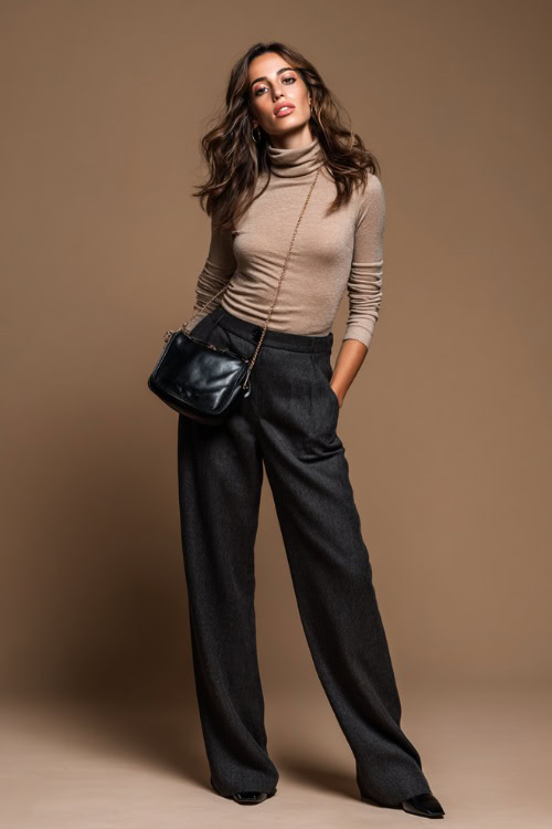 Full-body of a woman in charcoal wide-leg pants and a soft beige cashmere turtleneck, styled with black flats and a leather crossbody bag, soft fall-toned background 