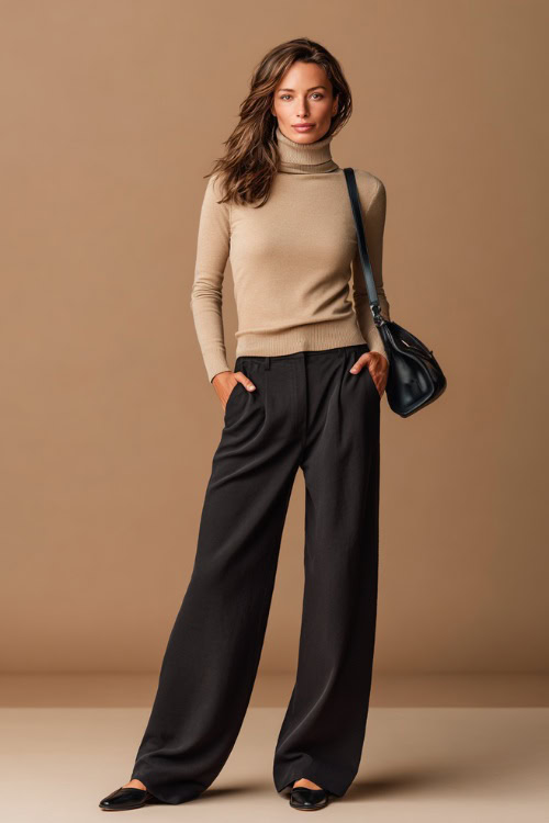 Full-body of a woman in charcoal wide-leg pants and a soft beige cashmere turtleneck, styled with black flats and a leather crossbody bag, soft fall-toned background 