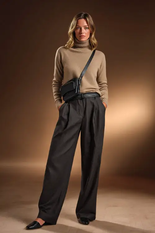 Full-body of a woman in charcoal wide-leg pants and a soft beige cashmere turtleneck, styled with black flats and a leather crossbody bag, soft fall-toned background