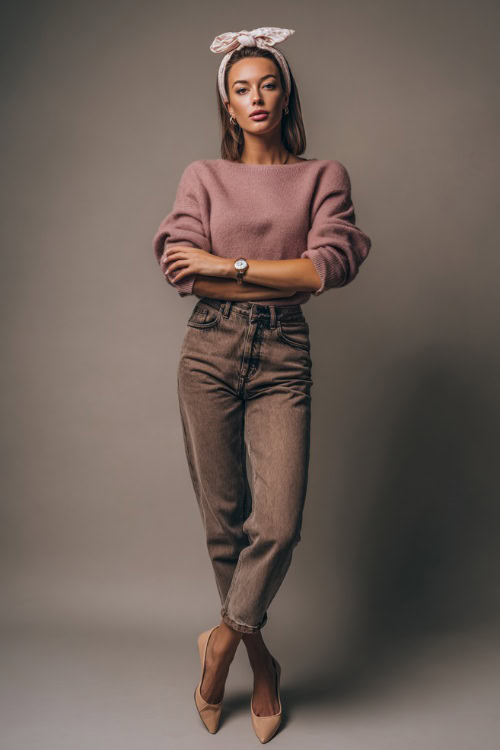 Full-body of a woman in high-waisted jeans with a dusty rose cashmere sweater and ballet flats, styled with a pearl headband and vintage watch 