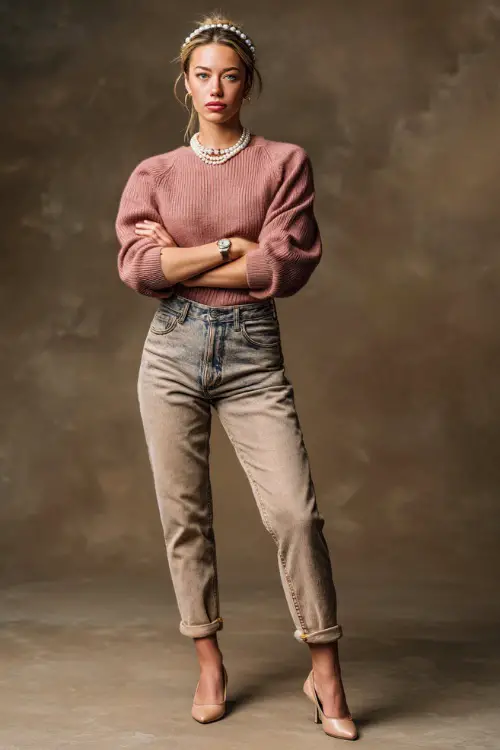 Full-body of a woman in high-waisted jeans with a dusty rose cashmere sweater and ballet flats, styled with a pearl headband and vintage watch