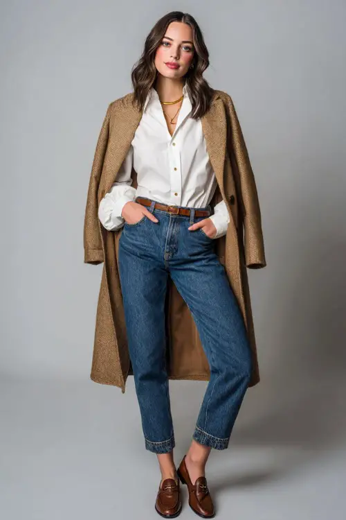 Full-body portrait of a woman in classic denim with a buttoned white blouse and long tan wool coat, accessorized with brown leather loafers and subtle gold jewelry 