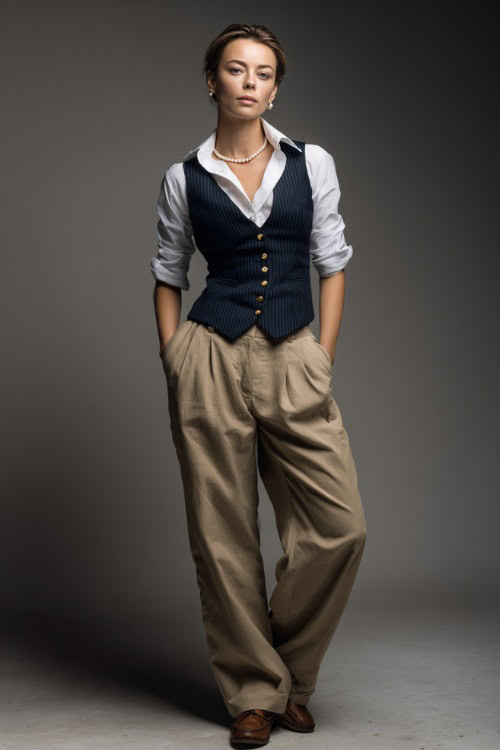 Full-body portrait of a woman in classic khaki trousers, white blouse, and navy vest, styled with oxford shoes and subtle pearl drop earrings 