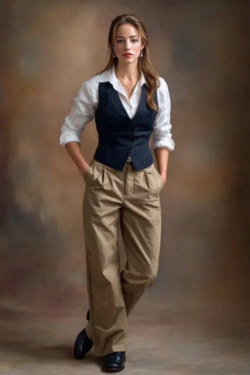 Full-body portrait of a woman in classic khaki trousers, white blouse, and navy vest, styled with oxford shoes and subtle pearl drop earrings