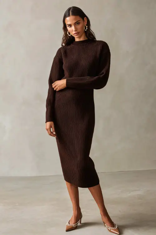 Full-body shot of a woman in a dark brown long-sleeve midi sweater dress with a ribbed texture, styled with tan flats and pearl studs, minimalist background 