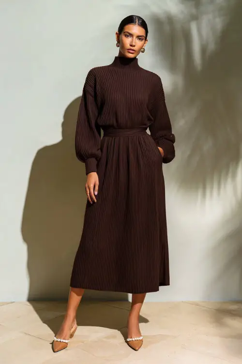 Full-body shot of a woman in a dark brown long-sleeve midi sweater dress with a ribbed texture, styled with tan flats and pearl studs, minimalist background