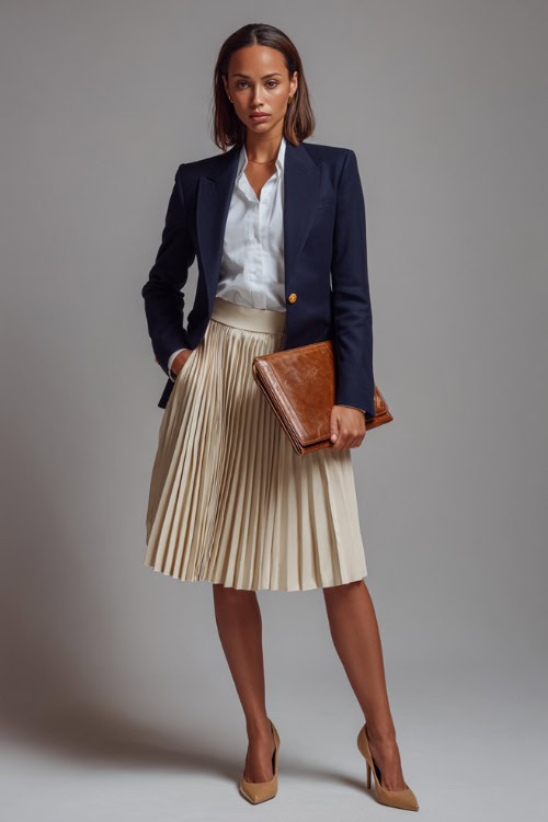 Full-body shot of a woman in a navy blazer over a crisp white shirt and pleated midi skirt, styled with tan pumps and a leather portfolio, clean studio background 