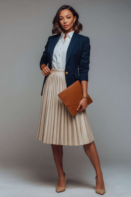 Full-body shot of a woman in a navy blazer over a crisp white shirt and pleated midi skirt, styled with tan pumps and a leather portfolio, clean studio background 