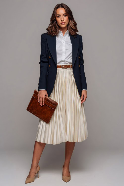 Full-body shot of a woman in a navy blazer over a crisp white shirt and pleated midi skirt, styled with tan pumps and a leather portfolio, clean studio background