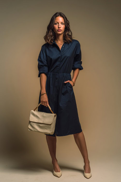 Full-body shot of a woman in a navy midi shirt dress with cuffed sleeves, paired with cream flats and a structured shoulder bag, posed in light-toned studio 