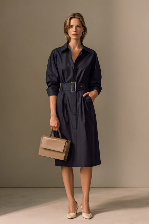 Full-body shot of a woman in a navy midi shirt dress with cuffed sleeves, paired with cream flats and a structured shoulder bag, posed in light-toned studio