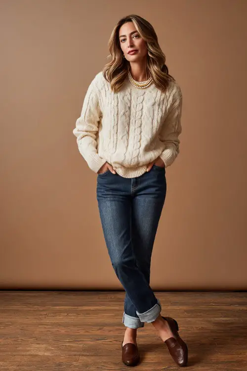 Full-body shot of a woman in medium-wash jeans with a cream cable-knit sweater and brown leather flats, accessorized with a pearl necklace 