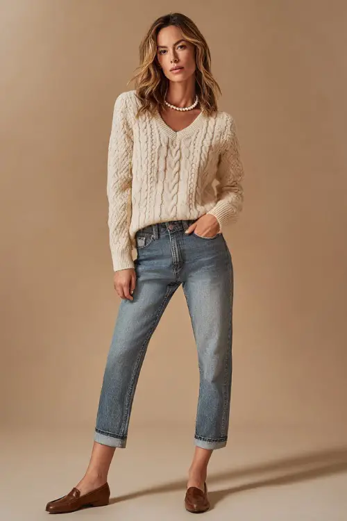 Full-body shot of a woman in medium-wash jeans with a cream cable-knit sweater and brown leather flats, accessorized with a pearl necklace 