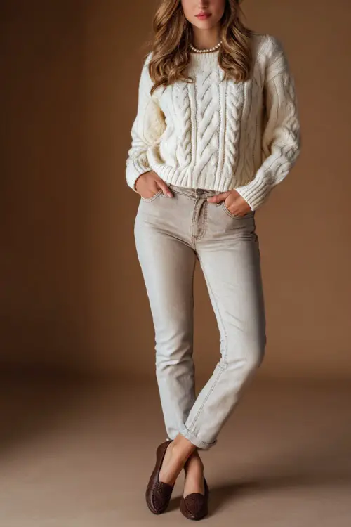 Full-body shot of a woman in medium-wash jeans with a cream cable-knit sweater and brown leather flats, accessorized with a pearl necklace