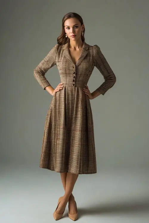 Full-body view of a woman in a tailored wool plaid midi dress with long sleeves, tan flats, and vintage pearl drop earrings, posed in clean fall studio 