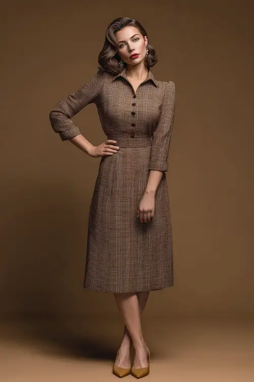 Full-body view of a woman in a tailored wool plaid midi dress with long sleeves, tan flats, and vintage pearl drop earrings, posed in clean fall studio