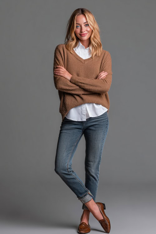 Full-body view of a woman in raw-hem jeans with a camel knit pullover, white collared blouse peeking out, and classic leather flats, studio background 