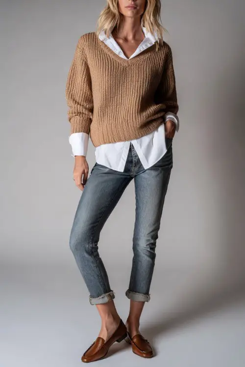 Full-body view of a woman in raw-hem jeans with a camel knit pullover, white collared blouse peeking out, and classic leather flats, studio background