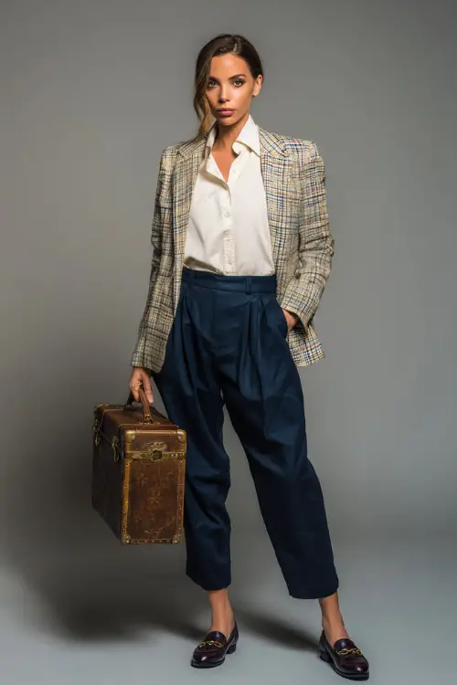 Stylish woman in pleated navy trousers with a white oxford shirt and a plaid blazer, loafers and vintage bag, studio light setup 