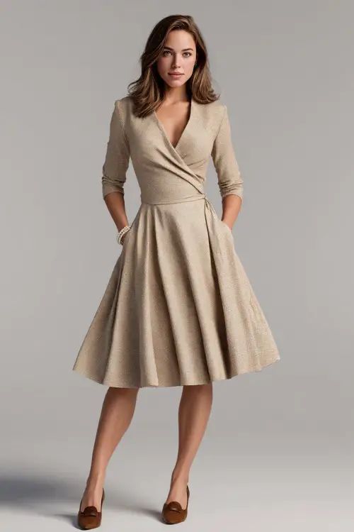 Woman in a beige wool wrap dress with a V-neckline, full skirt, and brown heeled loafers, styled with a pearl bracelet, clean studio background
