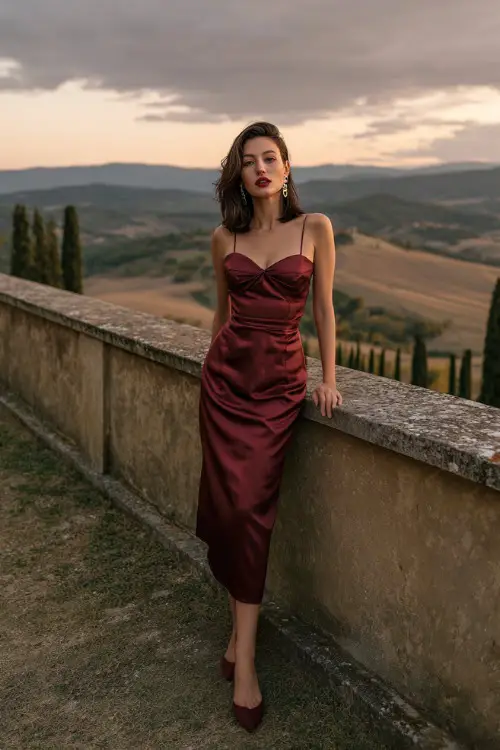 Woman in a burgundy satin midi dress with a fitted bodice and subtle side slit, styled with drop earrings and kitten heels, standing on a terrace overlooking rolling hills in fall
