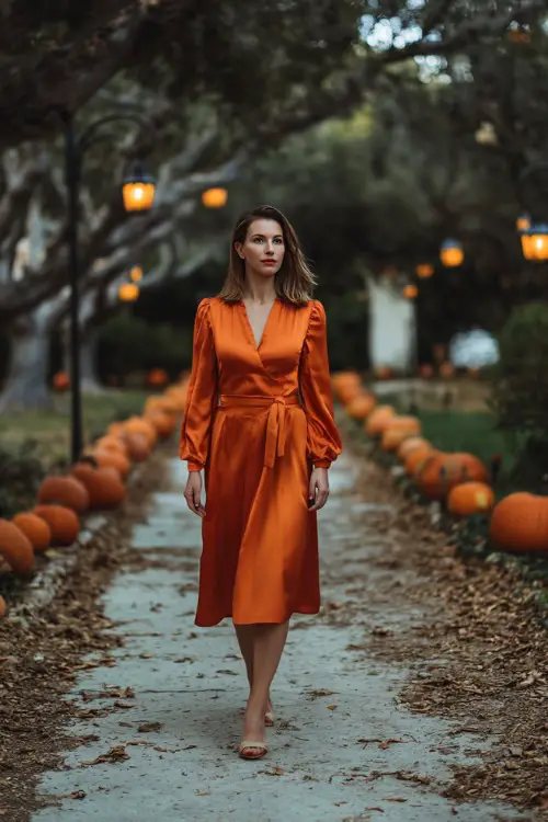 Woman in a burnt orange satin midi dress with long sleeves and a tie waist, walking along a leaf-covered path lined with pumpkins and lanterns