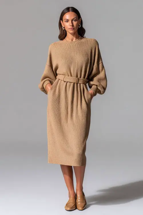 Woman in a camel long-sleeve knit midi dress with a cinched waist, tan loafers, and pearl studs, standing full-body in a soft studio background