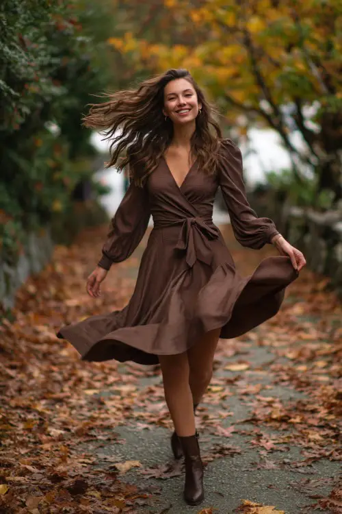 Woman in a chocolate brown midi wrap dress with bishop sleeves and ankle boots, twirling on a pathway covered in crunchy October leaves, full body