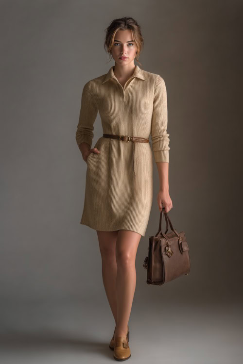 Woman in a classic beige knit dress with a belt and subtle shoulder structure, paired with loafers and a mini satchel, full-body in studio 
