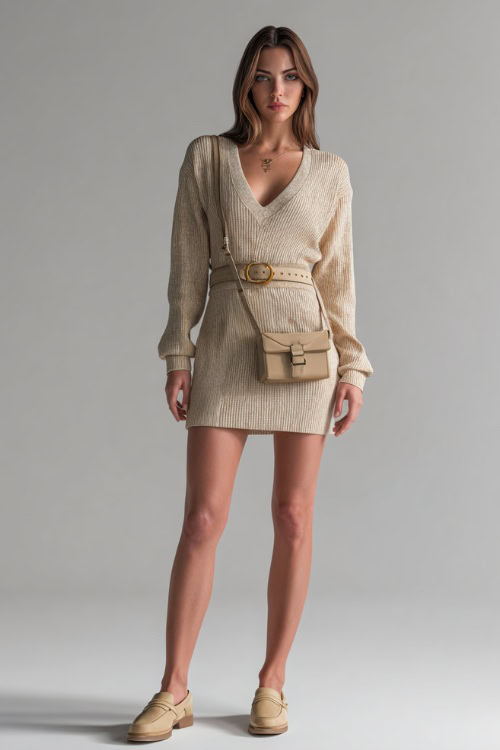 Woman in a classic beige knit dress with a belt and subtle shoulder structure, paired with loafers and a mini satchel, full-body in studio