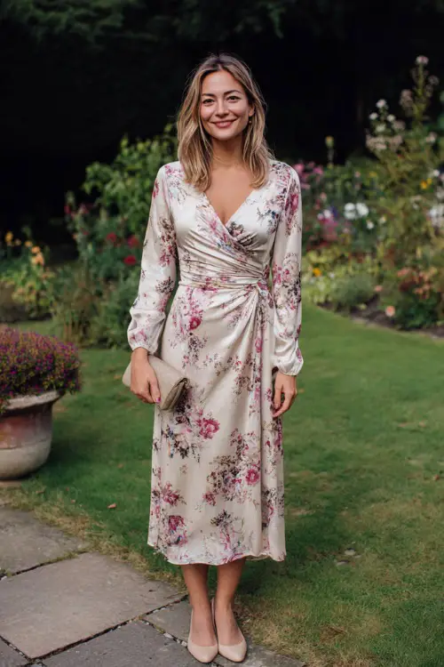 Woman in a cream floral-print wrap midi dress with long sleeves, paired with ballet flats, holding a small clutch at a laid-back garden wedding in October