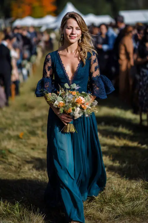 Woman in a dark teal A-line dress with lace accents and flutter sleeves, holding a bouquet while walking on a grassy outdoor aisle in fall 