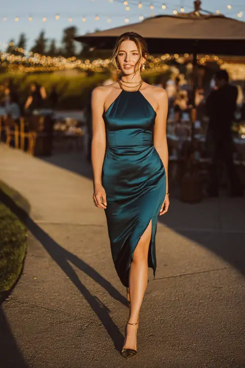 Woman in a dark teal satin midi dress with side slit and halter neckline, paired with gold accessories and strappy heels, walking past string lights at a semi-formal October evening wedding