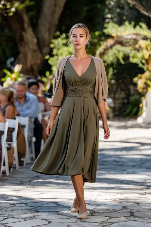 Woman in a deep olive green A-line midi dress with short sleeves and a flowy skirt, styled with ballet flats and a lightweight cardigan, walking along a leafy outdoor wedding aisle 