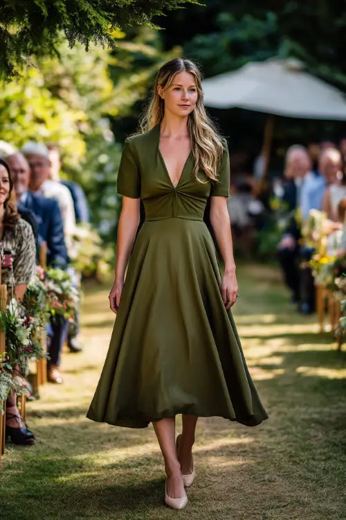 Woman in a deep olive green A-line midi dress with short sleeves and a flowy skirt, styled with ballet flats and a lightweight cardigan, walking along a leafy outdoor wedding aisle