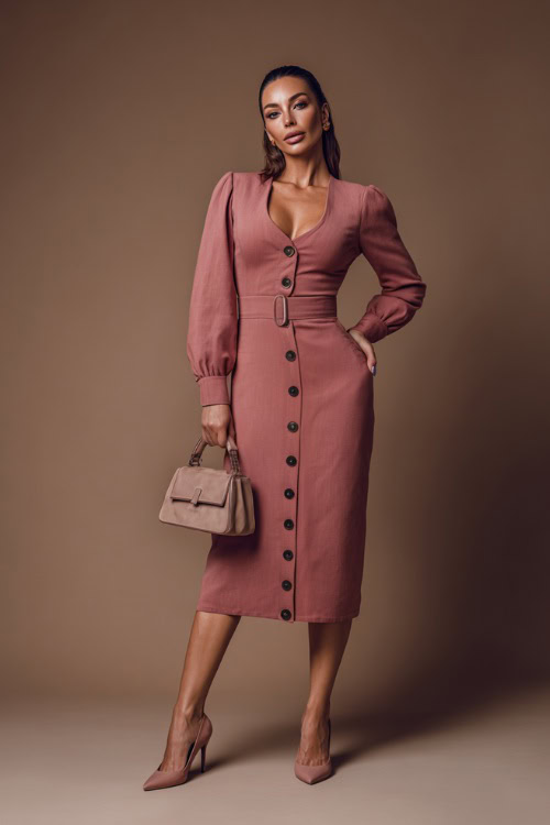 Woman in a dusty rose buttoned midi dress with a modest neckline, structured bag, and pointed-toe heels, posed in clean fall-toned studio 