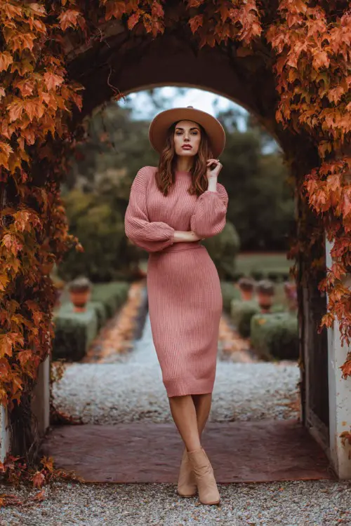 Woman in a dusty rose ribbed knit midi dress with long sleeves and a belted waist, styled with tan ankle boots and a beige felt hat, standing under an archway of orange leaves 