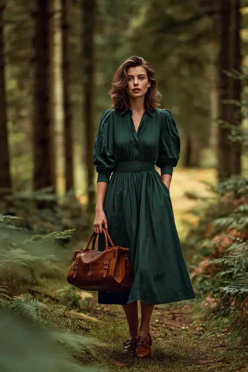 Woman in a forest green midi dress with pleated skirt and puff sleeves, styled with loafers and a leather crossbody bag, full-body in a soft fall studio setting 