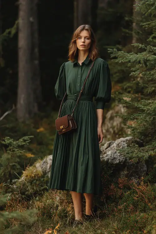 Woman in a forest green midi dress with pleated skirt and puff sleeves, styled with loafers and a leather crossbody bag, full-body in a soft fall studio setting