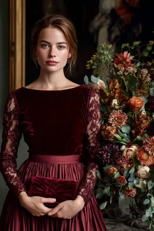 Woman in a formal burgundy gown with pleated skirt and lace sleeves, holding a velvet clutch beside an autumn floral arrangement 