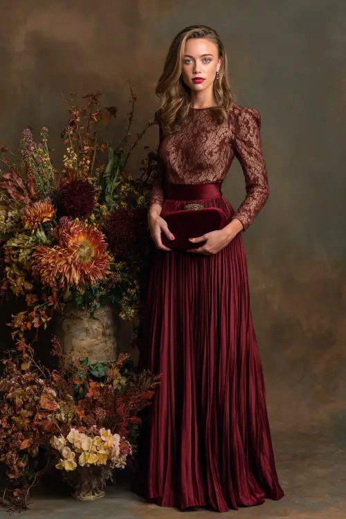 Woman in a formal burgundy gown with pleated skirt and lace sleeves, holding a velvet clutch beside an autumn floral arrangement