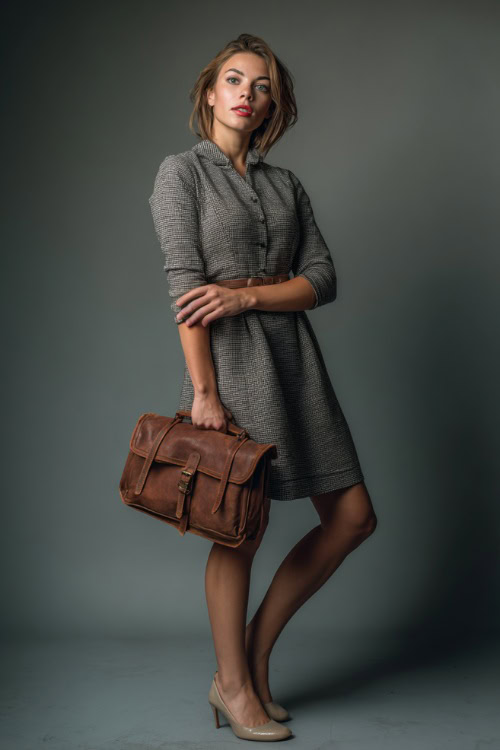 Woman in a gray tweed dress with ¾ sleeves and a subtle flare hem, accessorized with a vintage leather satchel and low block heels, full-body in studio 