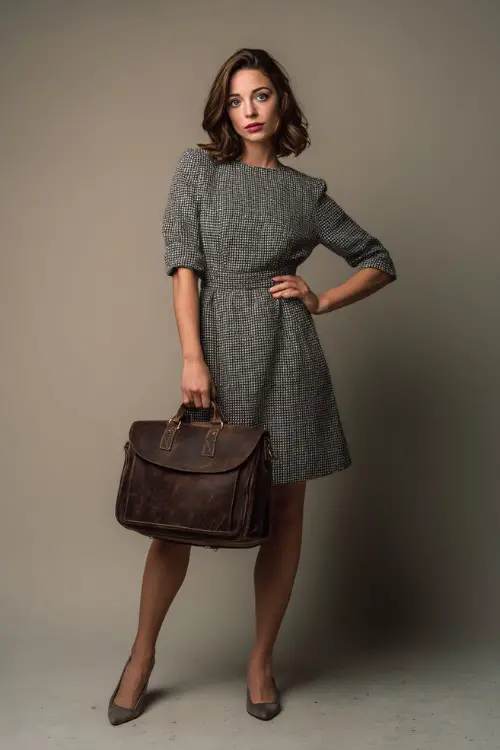 Woman in a gray tweed dress with ¾ sleeves and a subtle flare hem, accessorized with a vintage leather satchel and low block heels, full-body in studio