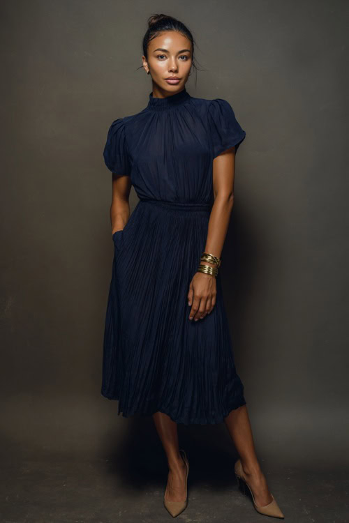 Woman in a high-neck navy midi dress with pleated hem and cuffed sleeves, styled with a gold bracelet and low heels, soft-lit background 