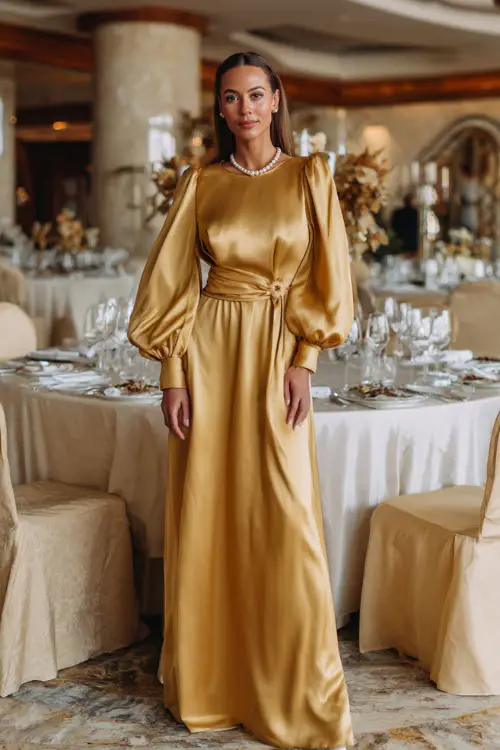 Woman in a long golden satin dress with bishop sleeves and a cinched waist, wearing pearl accessories, standing at a luxurious fall wedding banquet hall
