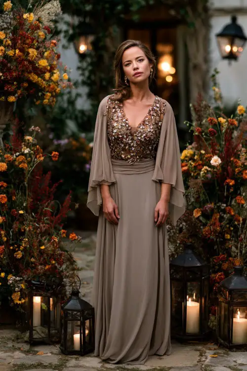 Woman in a long taupe evening dress with embellished neckline and chiffon cape sleeves, standing near fall florals and lanterns 