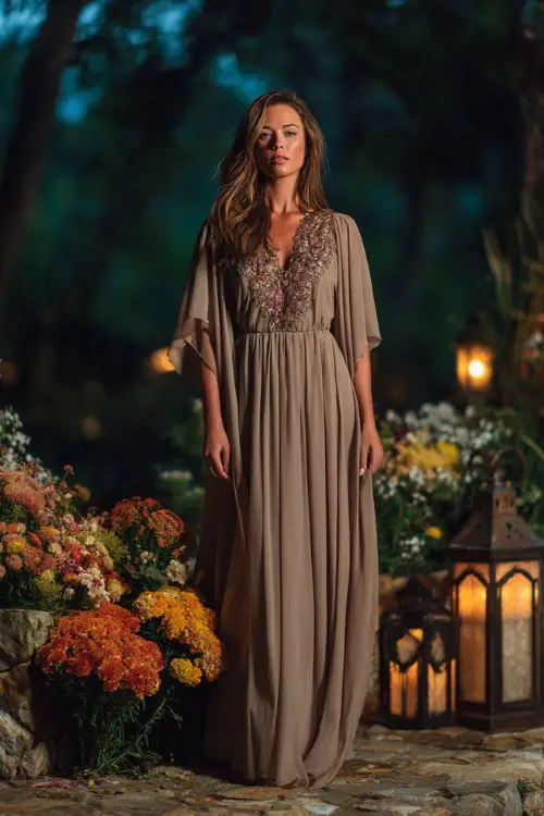 Woman in a long taupe evening dress with embellished neckline and chiffon cape sleeves, standing near fall florals and lanterns
